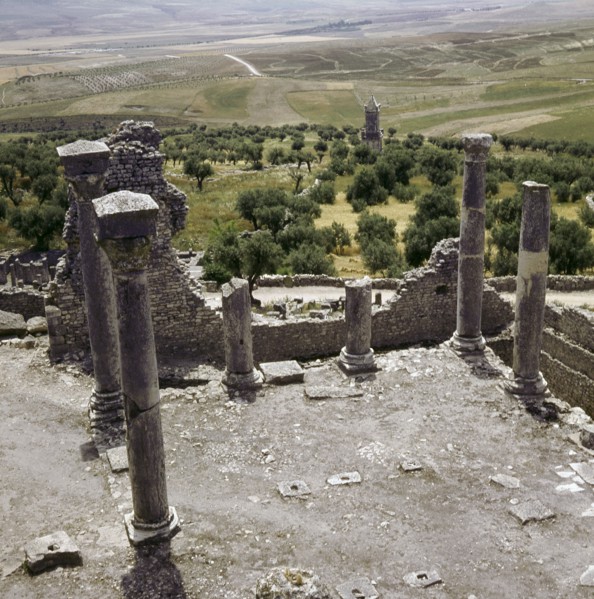 A Numidian Berber tomb built by Punic craftsmen seen from the ruins of the Roman city of Dougga