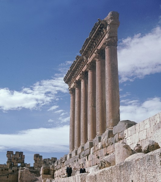 A view towards the temple precinct of Baalbek, the ancient Heliopolis which rose to prominence during the later Hellenistic and Roman period