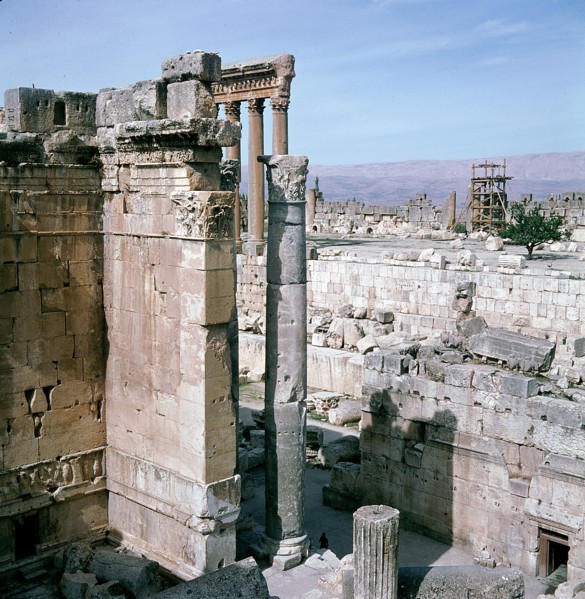 A view towards the temple precinct of Baalbek, the ancient Heliopolis which rose to prominence during the later Hellenistic and Roman period