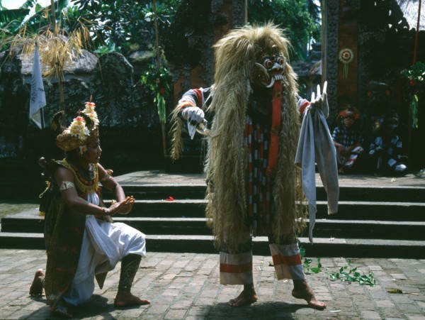 Each Balinese community stages regular performances in which Barong, a mythical lion, fights the dreaded Rangda, Queen of witches