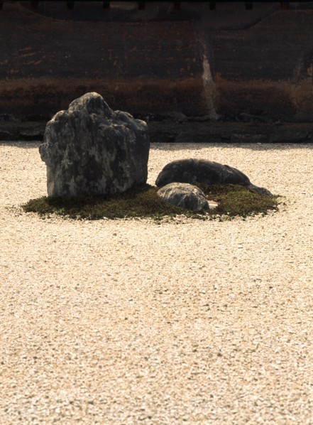 One of the groups of stones in the stone garden of Ryoan-ji temple in Kyoto