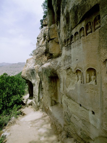 The entrance to one of the cave temples at Tianlong Shan, perched high on the cliff face