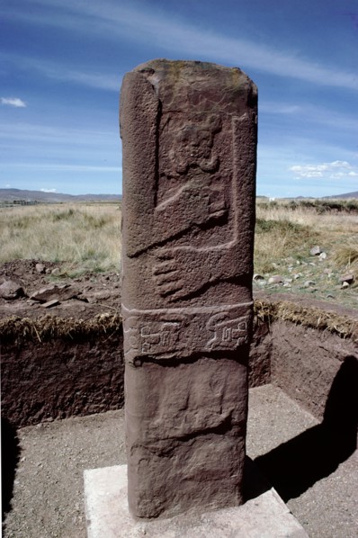Headless red sandstone stela at Tiahuanaco (Tiwanaku)   Bolivia