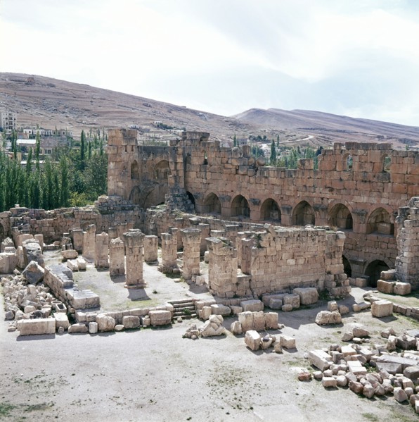 A view towards the temple precinct of Baalbek, the ancient Heliopolis which rose to prominence during the later Hellenistic and Roman period