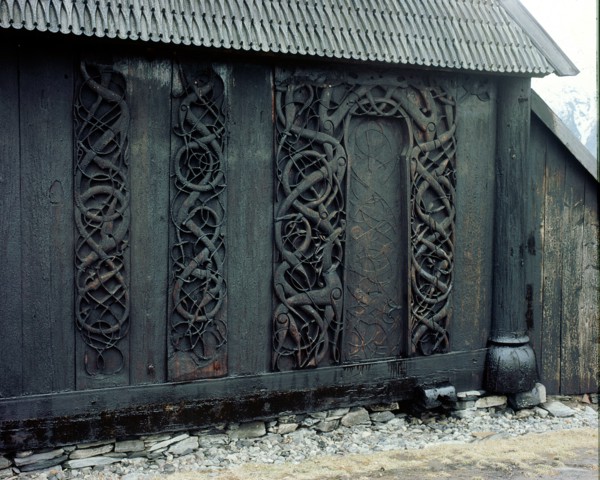 Carving on the  side  of  the  stave church  at  Urnes