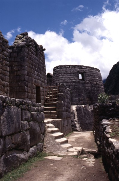 View of the Inca street leading to the circular "Torreon" or astronomical observatory