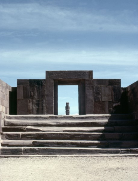 View across the "Semi-subterranean temple" to the monolithic doorway to the Kalasasaya enclosure, Tiahuanaco