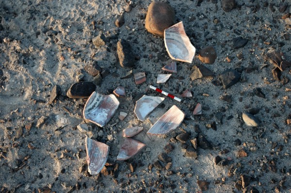 Ritually smashed polychrome pottery found on a Nazca Line