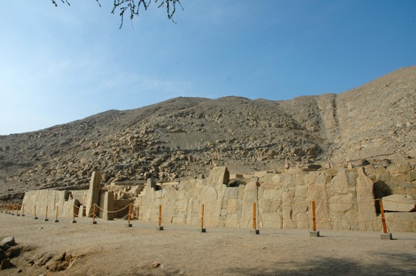 View of the site of Cerro Sechin and the front wall of the reconstructed temple which was discovered in 1937