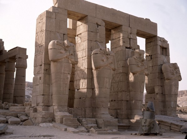 View of the Ramesseum and the Osiride statues, the mortuary temple of Ramesses II