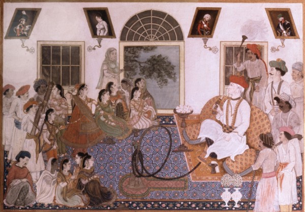 Sir David Ochterlony, Resident at the court of the Great Mogul in Delhi dressed in Indian clothing and smoking a hookah is entertained by a group of dancing girls