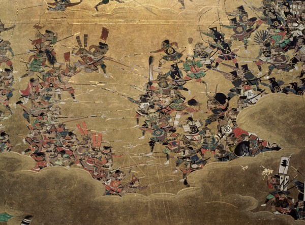 Detail of part of a folding screen which depicts the siege of Osaka Castle and was commissioned by general Kuroda Nagamasa who took part in the siege