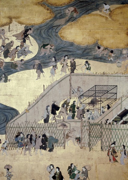 A screen depicting the popular festivities that took place at Shijo gawa, Kyoto