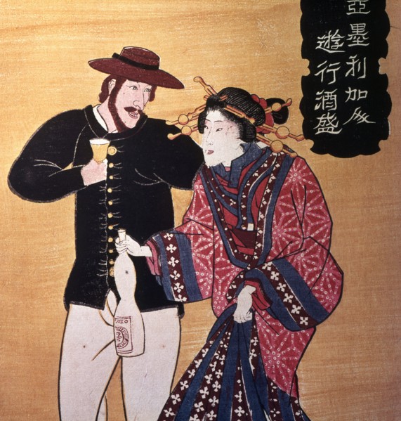 A Japanese girl serves sake to a foreign sailor