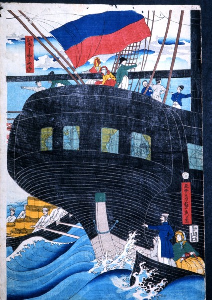 Print by Sadahide from a seriespublished in 1860, showing foreign vessels off Yokohama