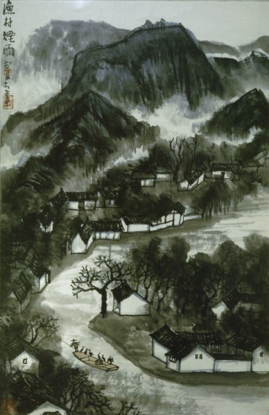 Painting by Li K'e jan 'Fishing Village in the Wind and Rain',(hanging scroll)