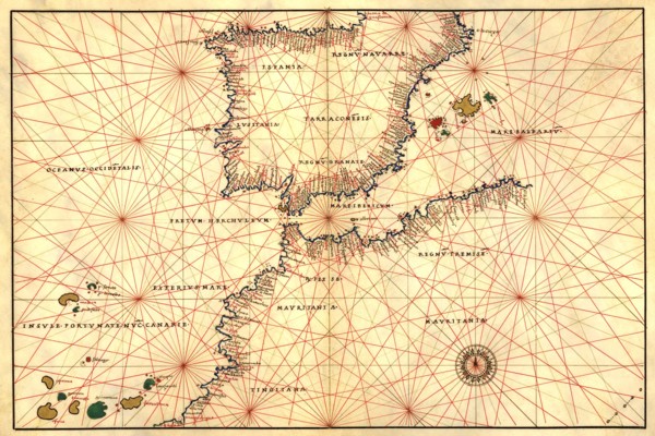Portolan or Navigational Map of the Spain, Gibraltar & North Africa 1544