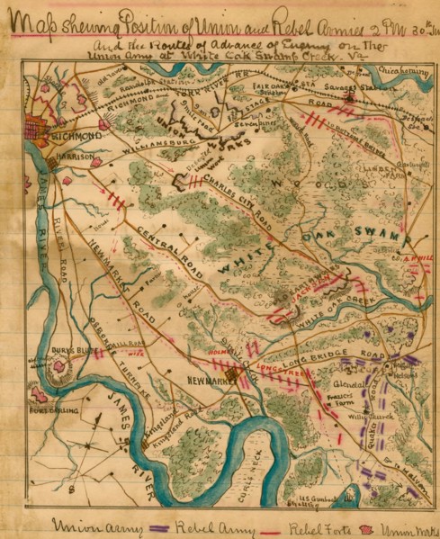 Routes of advance of enemy on the Union Army at White Oak Swamp Creek Va. 1862