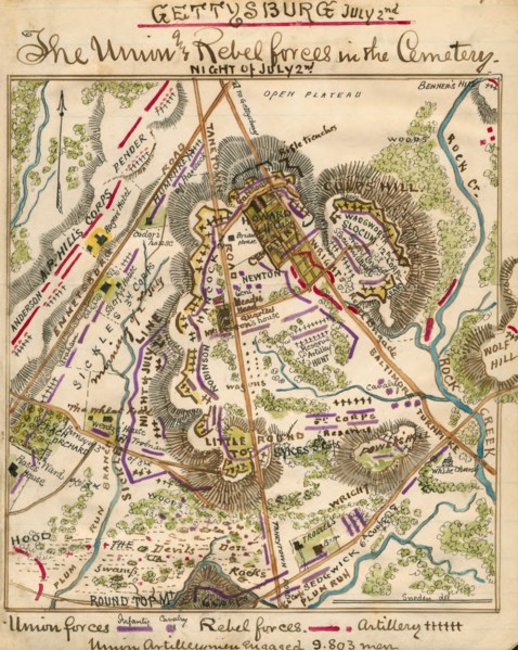 Gettysburg July 2nd. The Union and Rebel forces in the cemetery. 1863