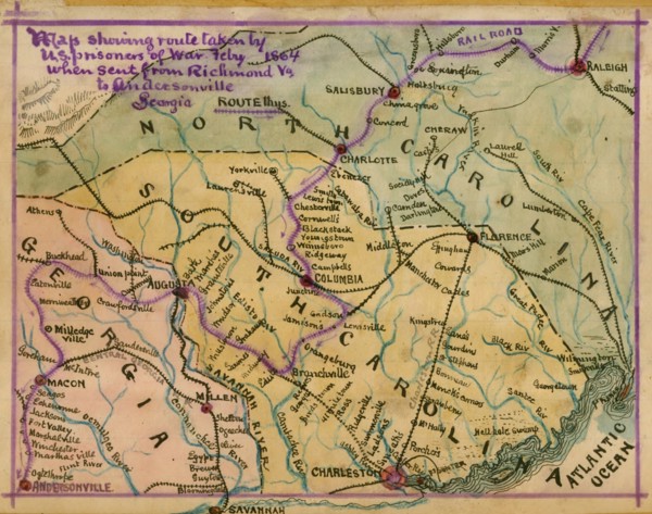 Route taken by U.S. prisoners of war from Richmond, Va., to Andersonville, Georgia. 1864