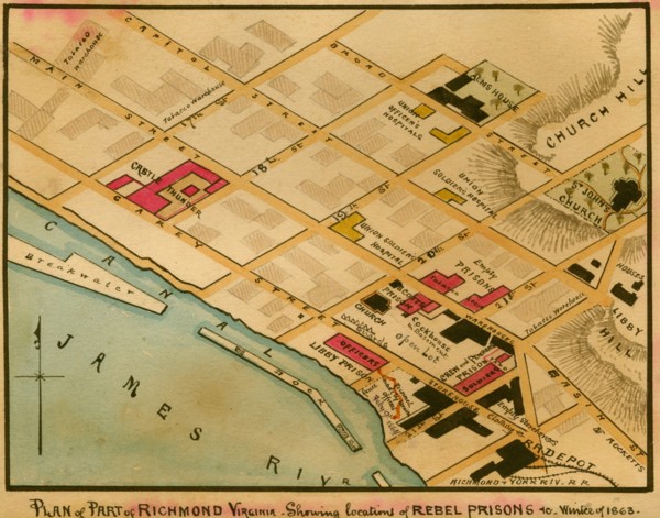 Richmond, Virginia : showing locations of Rebel prisons in winter of 1863. 1863