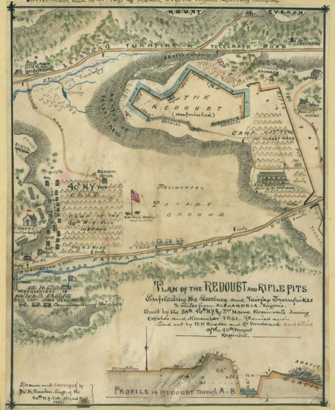 Redoubt and rifle pits enfilading the Leesburg and Fairfax turnpikes 2 miles from Alexandria, Virginia. 1861