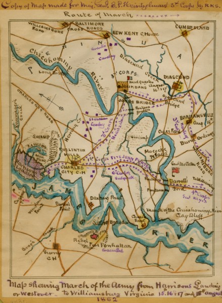 March of the [U.S.] Army from Harrison's Landing or Westover to Williamsburg, Virginia, 15th, 16th, 17th and 18th August. 1862