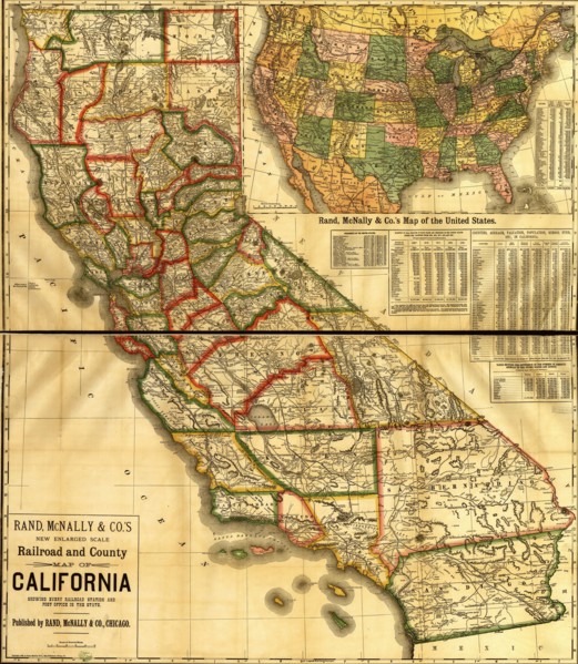 Railroad and county map of California showing every railroad station and post office in the state - 1883 1883