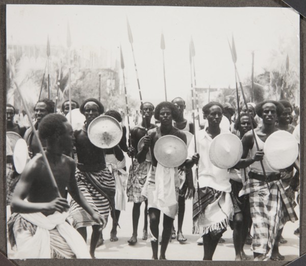 Group of Somali men with spears and shields