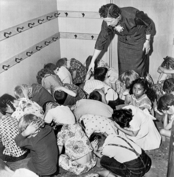 A duck and cover exercise in a kindergarten class in 1954