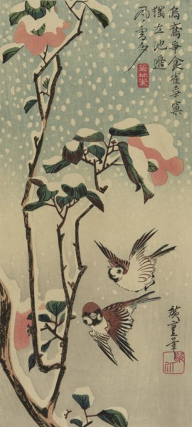 Sparrows and camellias in snow. 1840