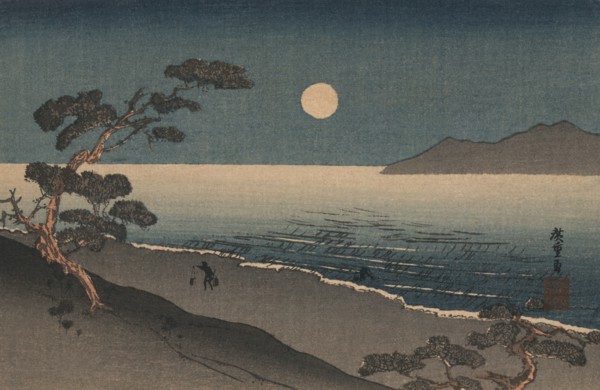 Dusk oven and Ocean Shore with a sole man carrying buckets on the Beach INK