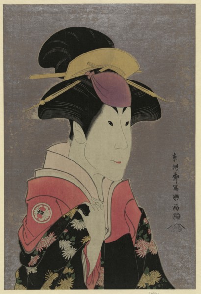 Segawa Tomisaburo, an actor, head-and-shoulders portrait, facing right, in the role of Yadorigi, the wife of Ogishi Kurando. 1794