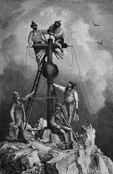 Erection of the summit cross of mt zugspitze