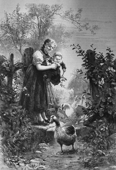 Girl with her little sister guarding ducks