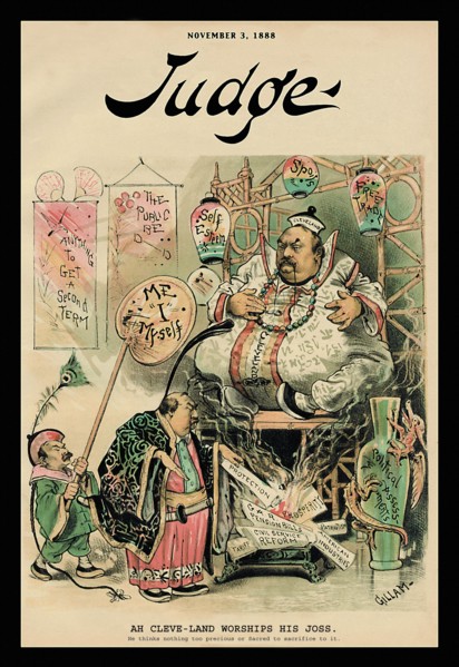 Judge Magazine: Ah Cleveland Worships his Joss 1888