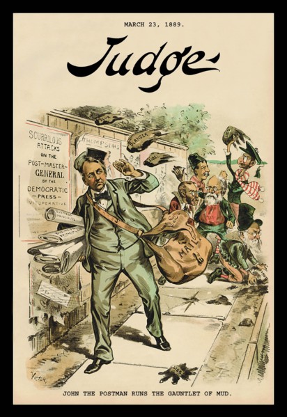 Judge Magazine: John the Postman Rams the Gauntlet of Mud 1889