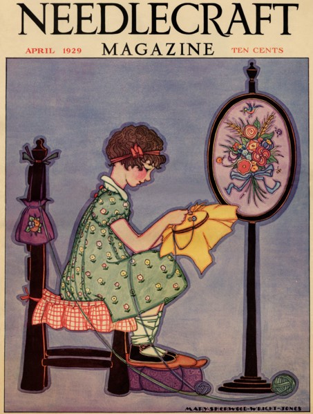 Pre-Teen cross-stitches a fabric 1929