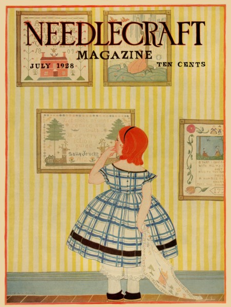 Young girls looks at a selection of old needlepoints on a wall 1928