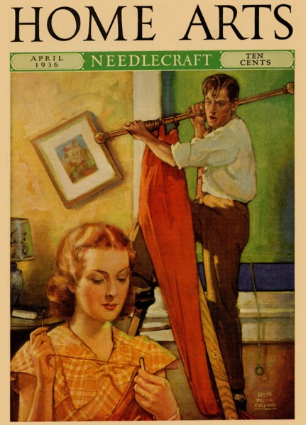 Wife sews while a man hangs a picture 1936