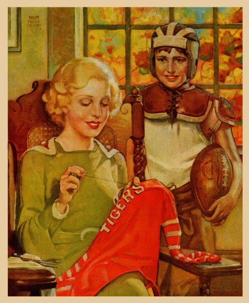Mother sews her son's football Jersey as he looks on 1935