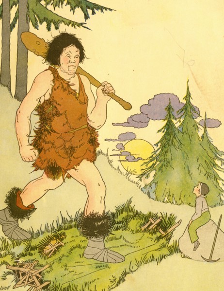 Giant with Club lords over a young boy as the huge man alights from the forest 1910