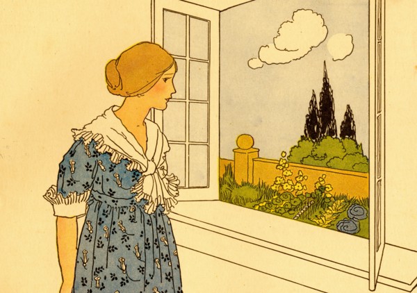 Young Girl Looks out of her window over a garden 1910