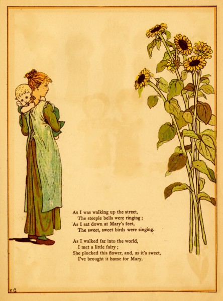 Girl holds baby and thinks of picking sunflowers 1875