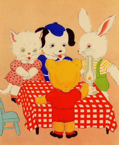 Anthropomorphic Bear, kitten, bunny & Dog at a table together 1900