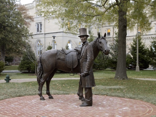 Bronze statue of Abraham Lincoln and his horse at the Lincoln Summer Home located on the grounds of the Armed Forces Retirement Home in northwest Washington, D.C. 2006