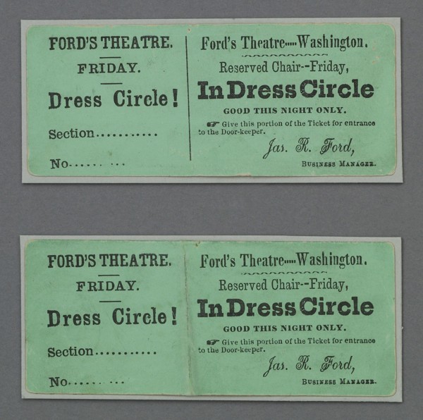 Theatre tickets to "Our American Cousin" at Ford's Theatre 1865
