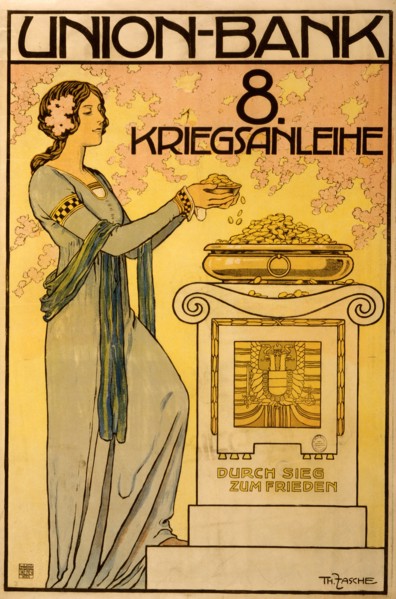 Union-bank, 8. Kriegsanleihe; durch Sieg zum Frieden; Union Bank, 8th War Loan; (on altar) Peace through Victory. 1918