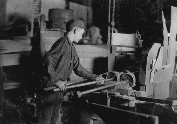 At the "Glory Hole." A midnight scene in a N.J. Glass Works. Cumberland Glass Works 1909
