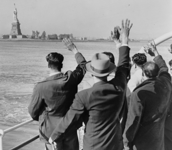 Deported Group Waves Goodbye to the Statue of Liberty 1952